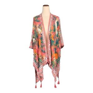 Nine West Floral Parrot Kimono Cardigan Boho Open Front Tropical Sheer Size OS